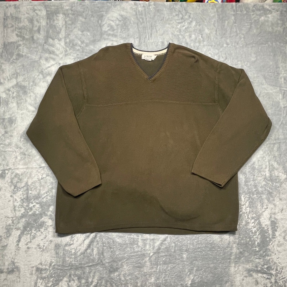 J.Crew V-Neck Sweater Mens XL Olive Green Cotton Textured Yoke Pullover